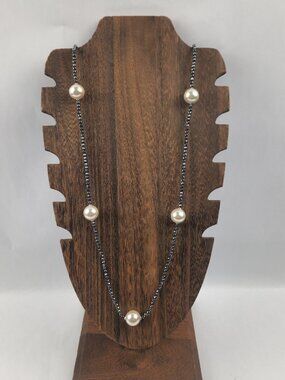 Majorica 1890 Pearl & Hematite Necklace 925 Sterling Silver Spain